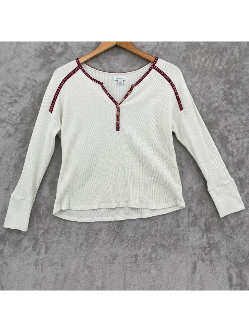 Sundance Ivory V-Neck Waffle Knit Long Sleeve Thermal Top Boho Hippie